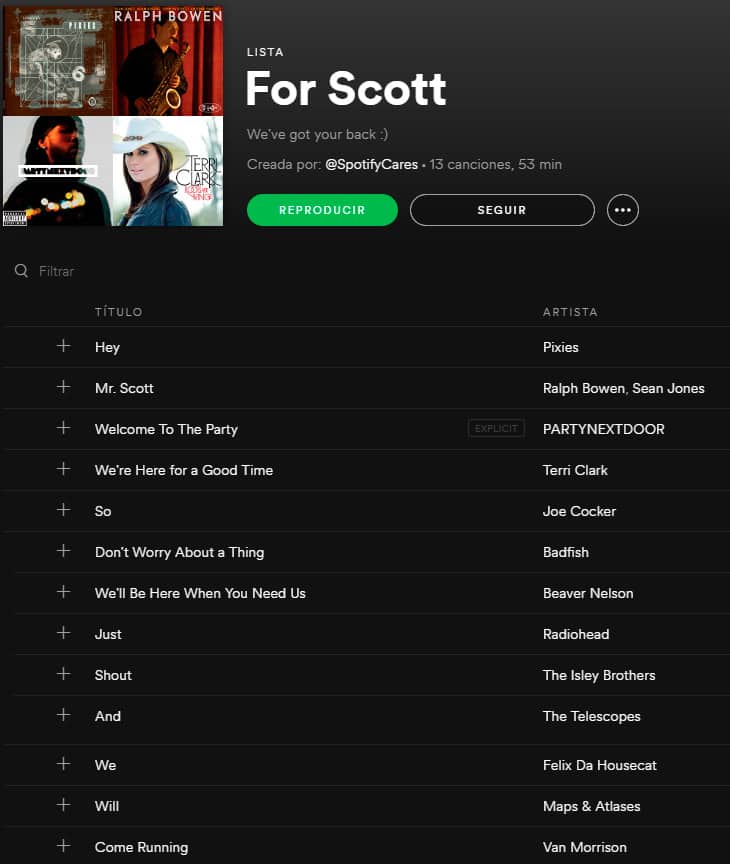 Spotify cares. Mr. scott respuesta en formato playlist