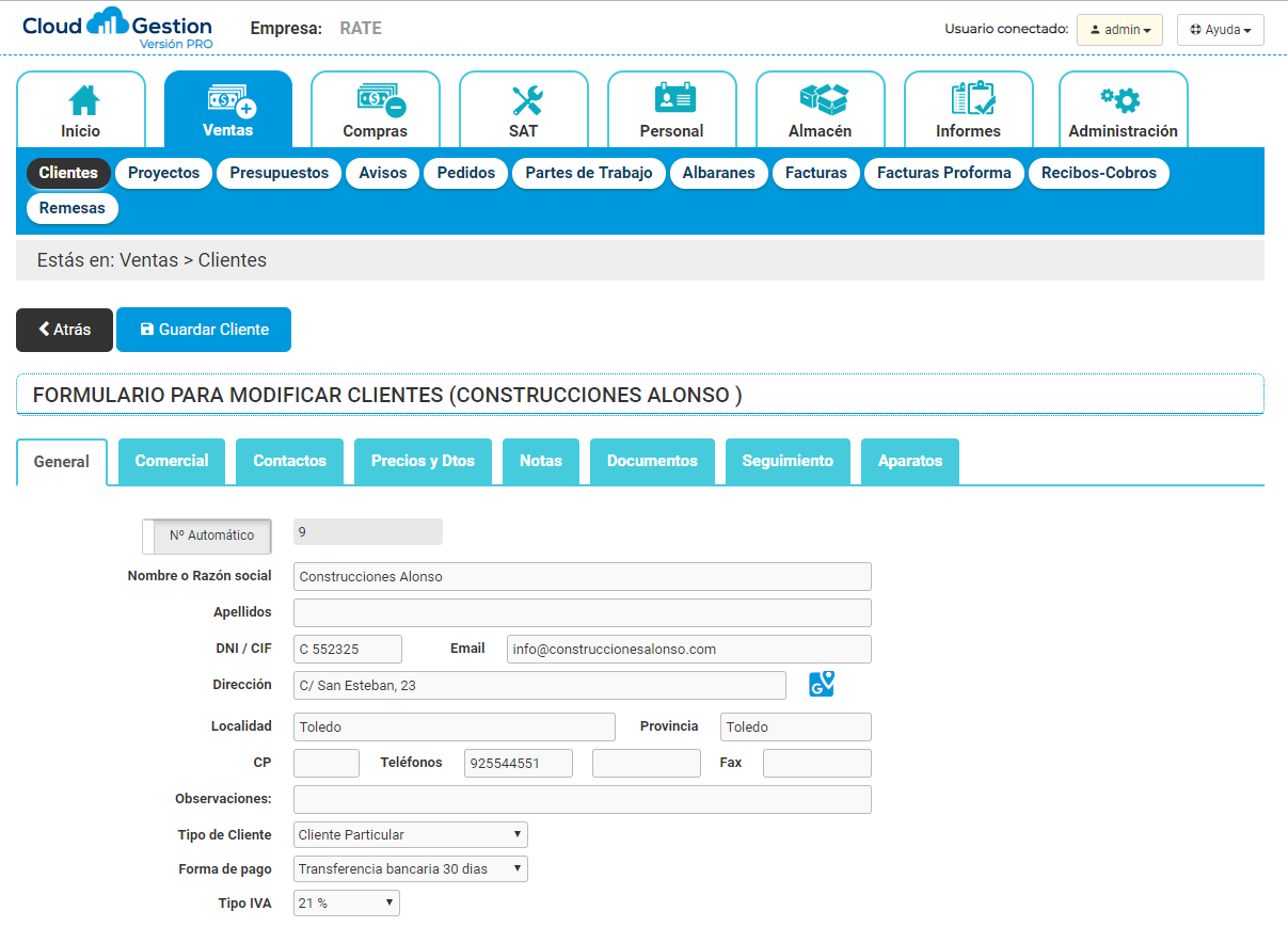 Cloud gestión. Modificar cliente