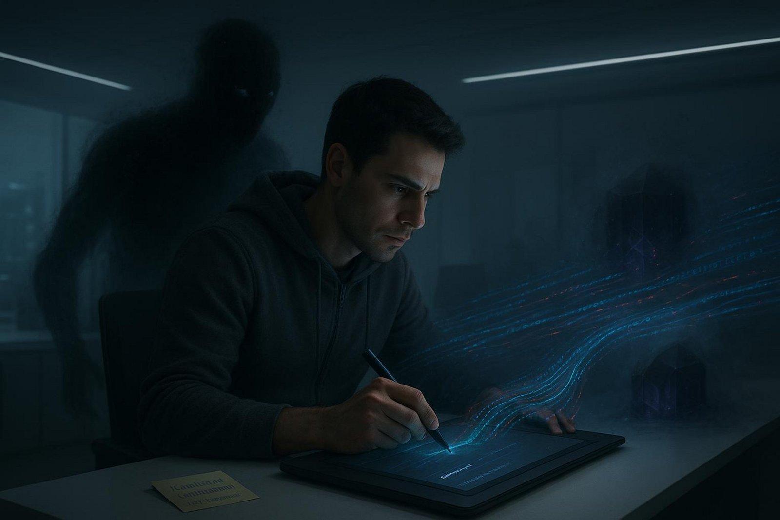 Un diseñador trabaja en una tableta gráfica en una oficina moderna mientras una figura translúcida lo observa, simbolizando una amenaza de espionaje y vulnerabilidad.
