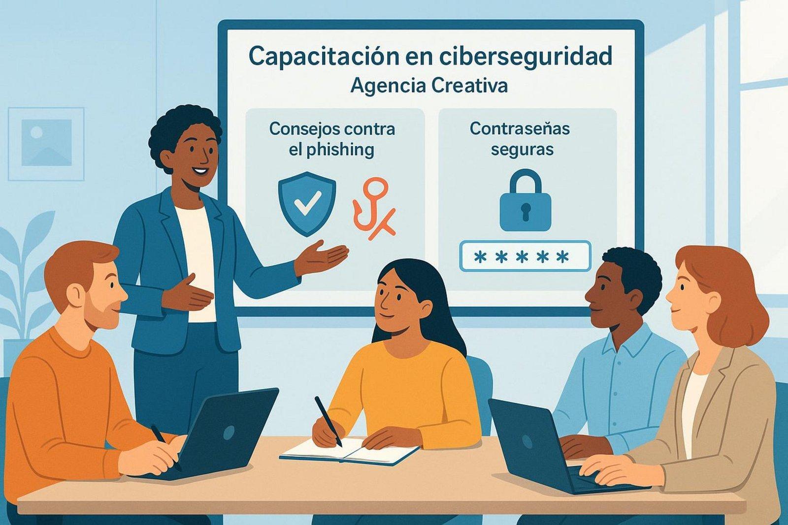 Empleados de una agencia creativa en una sesión de capacitación sobre ciberseguridad, mostrando colaboración y empoderamiento.