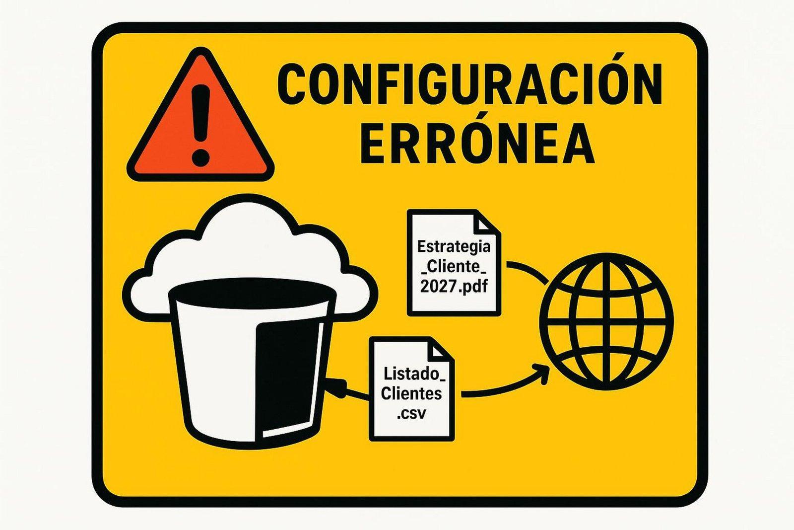 Diagrama que muestra un icono de un contenedor de almacenamiento en la nube con archivos saliendo y una advertencia de configuración errónea.