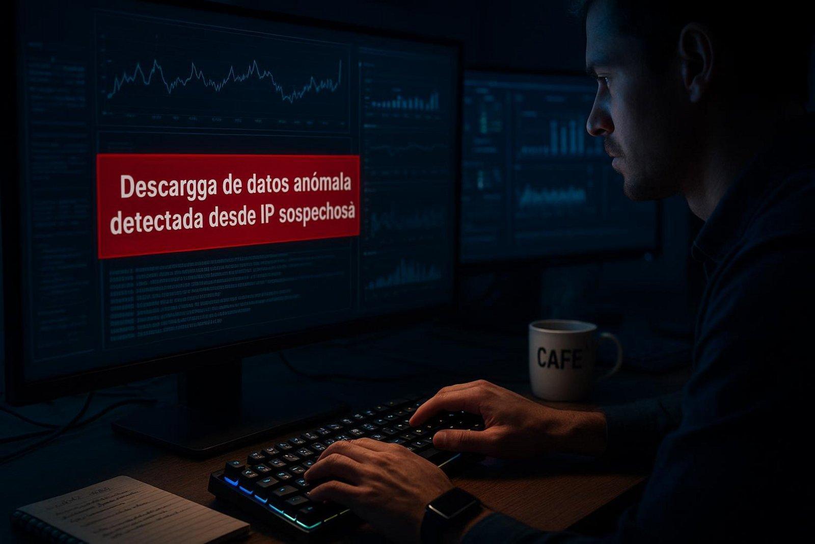 Pantalla de monitor con gráficos y alerta de descarga de datos sospechosa en un entorno oscuro de análisis de ciberseguridad.
