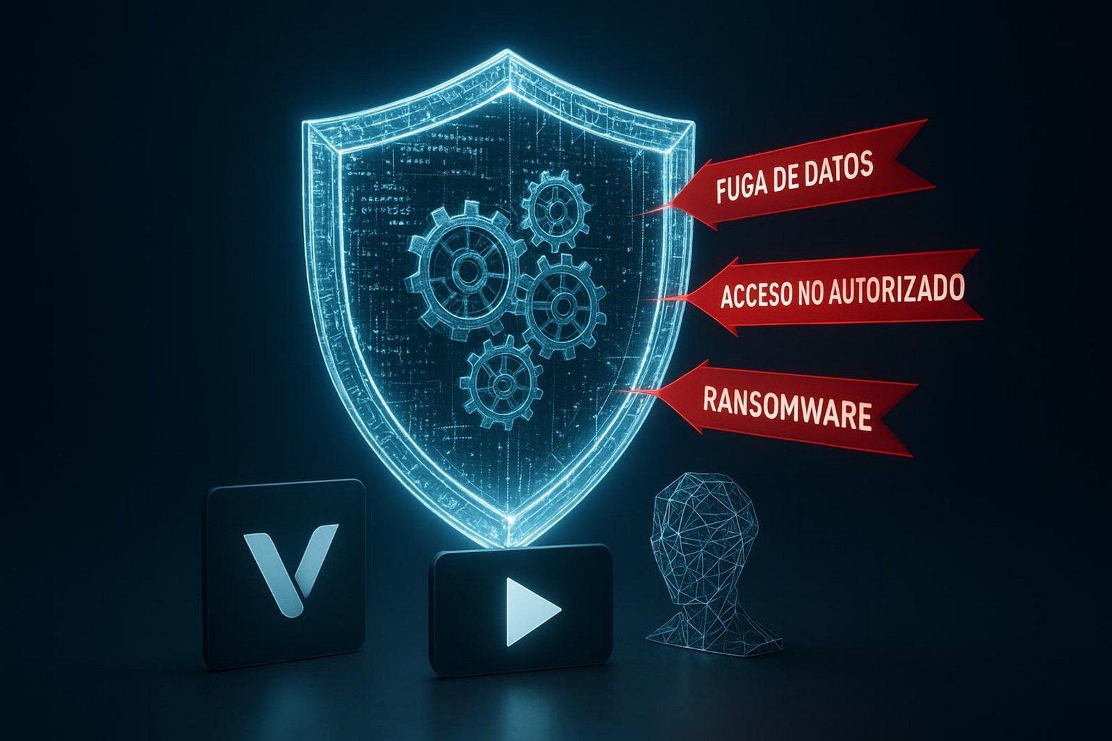 Escudo digital brillante que protege activos creativos con líneas de código y engranajes entrelazados.