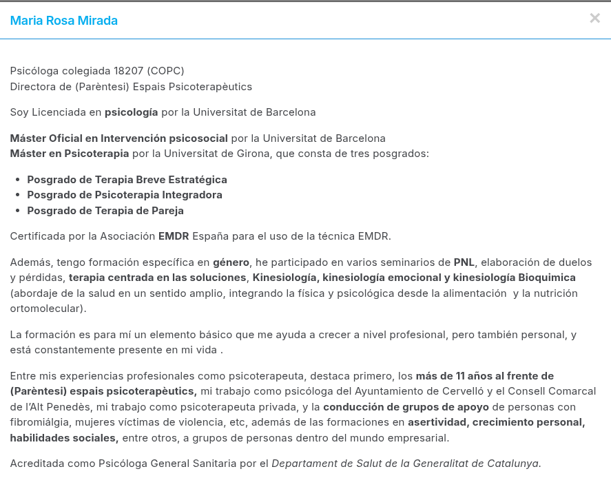 Pàgina de biografia d'una psicòloga col·legiada amb número de col·legiat, màster oficial, certificació EMDR i postgraus específics com a exemple d'E-E-A-T en salut mental