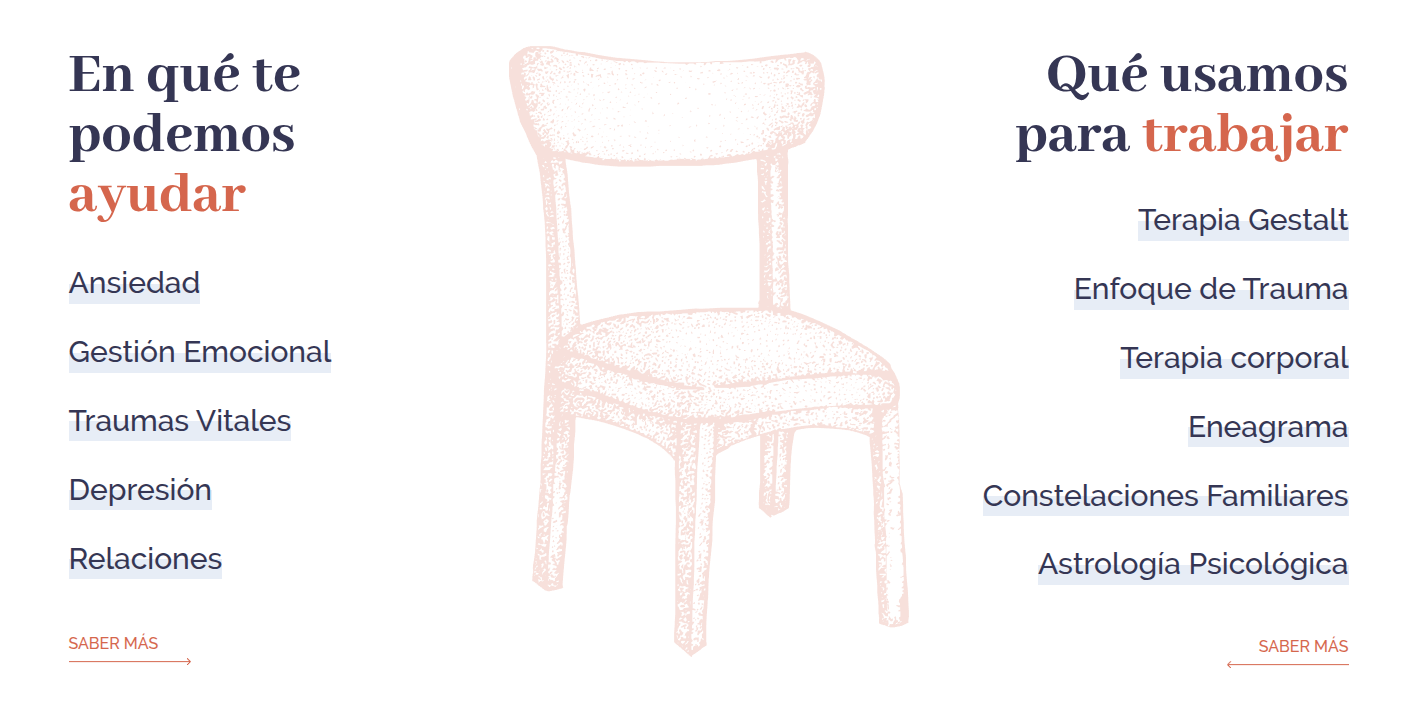 Bloc de contingut en una web de psicologia organitzat en dues columnes: 'En què et podem ajudar' (ansietat, depressió, trauma) i 'Què fem servir per treballar' (Gestalt, EMDR, eneagrama)