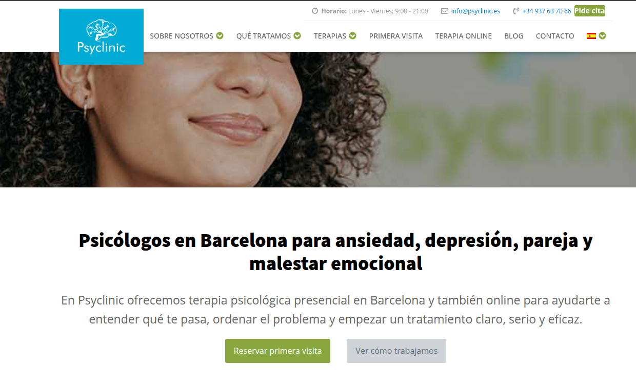 Home d'un centre de psicologia amb un titular descriptiu del problema que resol i CTAs clars per reservar la primera visita o veure tractaments, sense urgència artificial