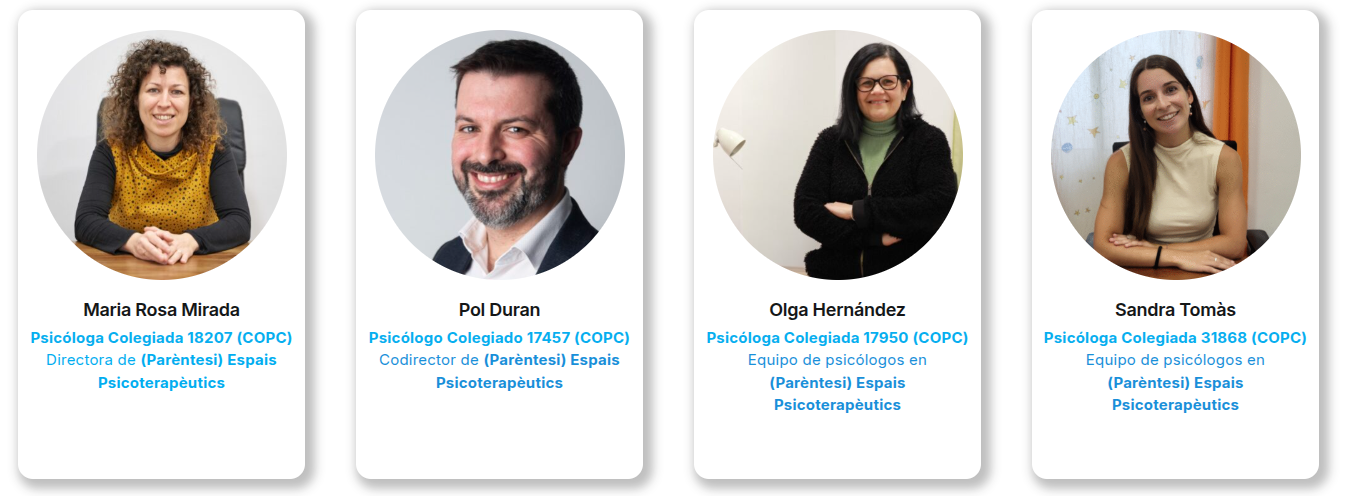 Graella d'un equip de psicòlegs amb foto, nom, número de col·legiat i especialitat de cada professional com a exemple d'humanització del centre