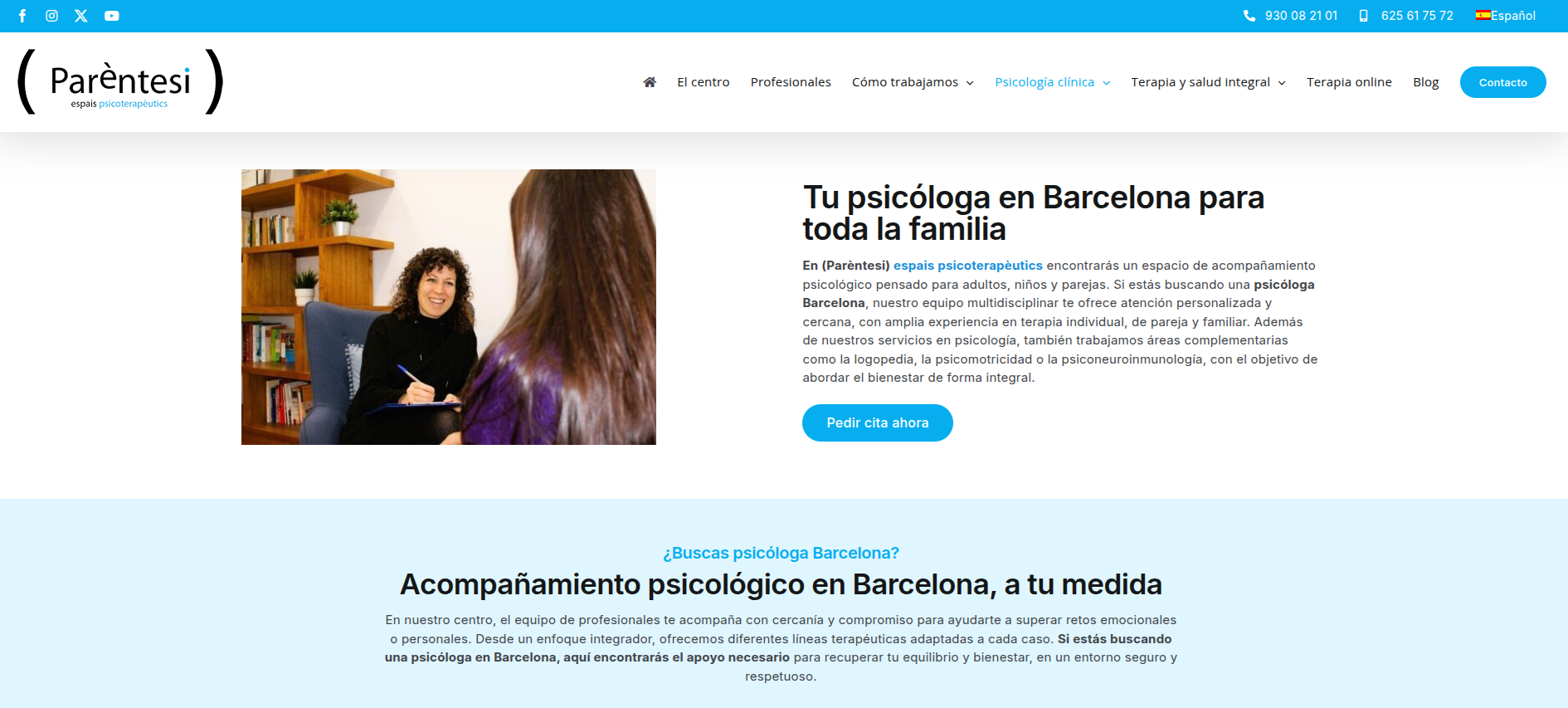 Pàgina d'una psicòloga amb un missatge molt específic: 'La teva psicòloga a Barcelona per a tota la família', dirigit a un públic concret en lloc de a 'tothom'