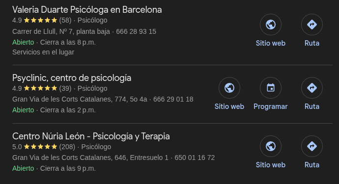 Local Pack de Google per a la cerca 'psicòleg a Barcelona' mostrant tres negocis amb ressenyes, horaris i botons de contacte