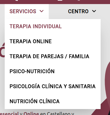 Menú desplegable d'un centre de psicologia amb cada servei en una pàgina separada: teràpia individual, online, de parella, psico-nutrició i psicologia clínica