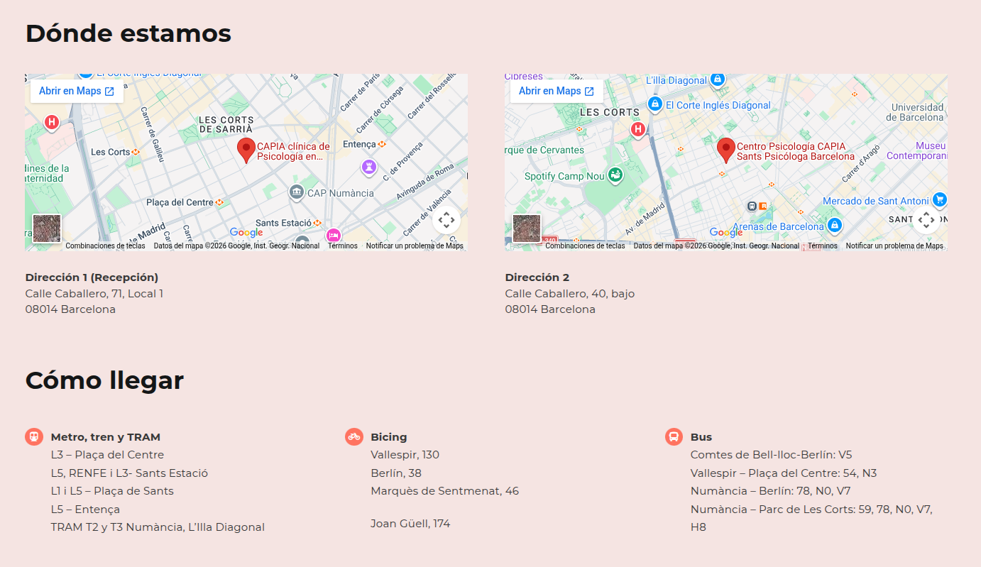 Exemple de pàgina de contacte d'un centre de psicologia amb mapes de Google integrats, adreces completes i dades de transport públic per arribar-hi