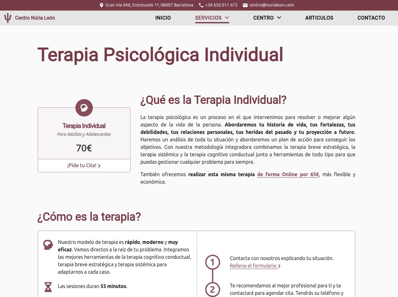 Pàgina específica de 'Teràpia psicològica individual' amb preu, descripció de l'enfocament, durada de les sessions i formulari de contacte