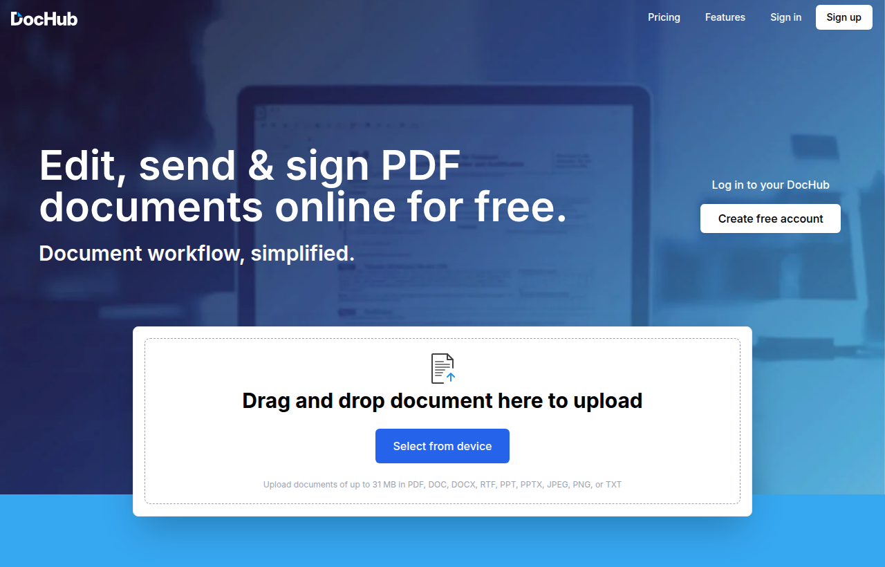 Página de inicio de DocHub para editar, enviar y firmar documentos PDF
