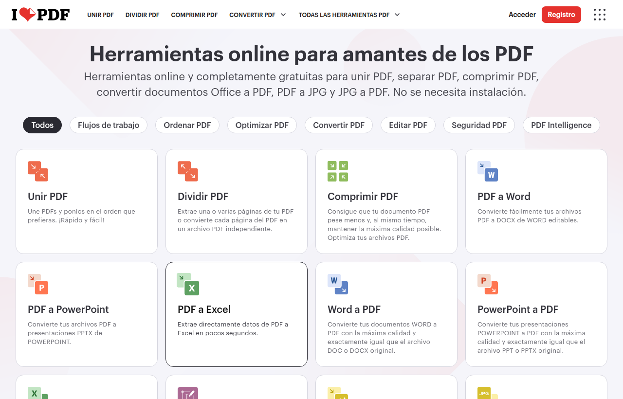 Página de inicio de iLovePDF con su catálogo de herramientas PDF