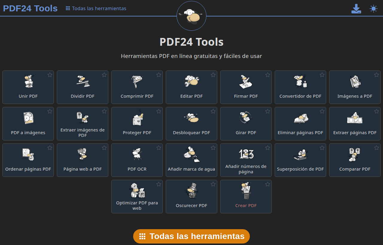 Página de inicio de PDF24 Tools con sus utilidades PDF gratuitas