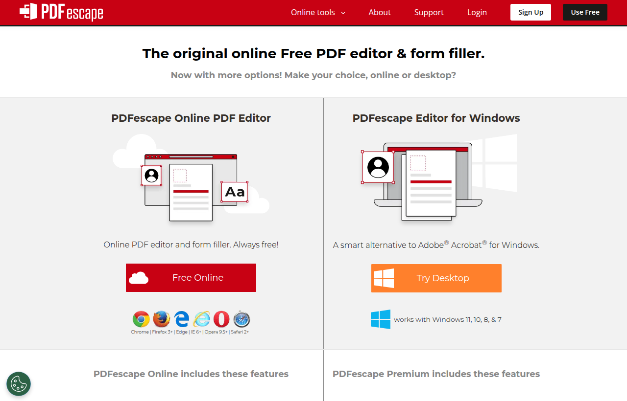 Página de inicio de PDFescape, editor PDF y rellenador de formularios online