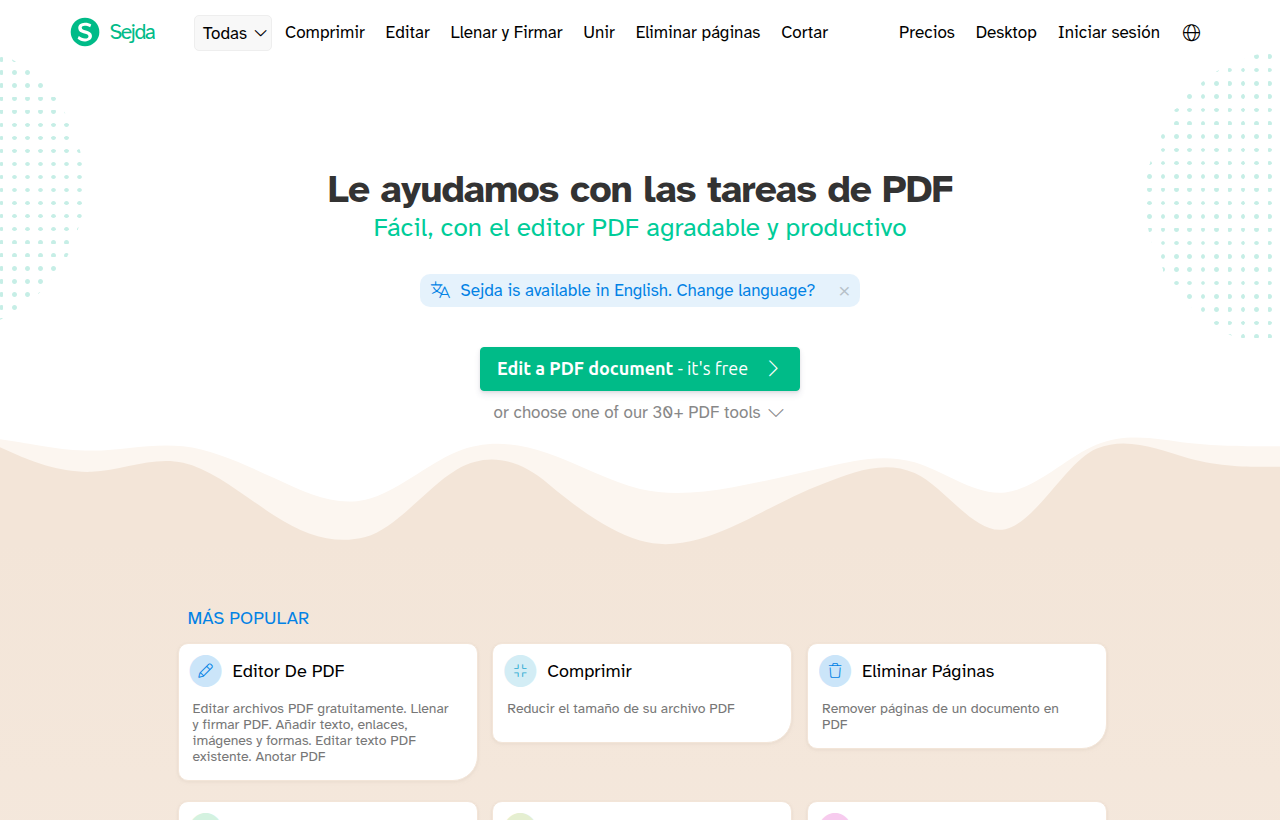 Página de inicio de Sejda PDF, editor PDF online y de escritorio