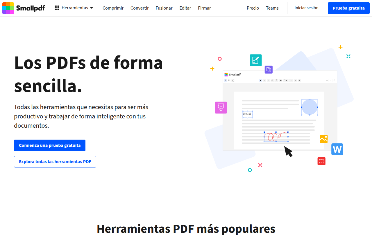 Página de inicio de Smallpdf con sus herramientas para trabajar con PDF