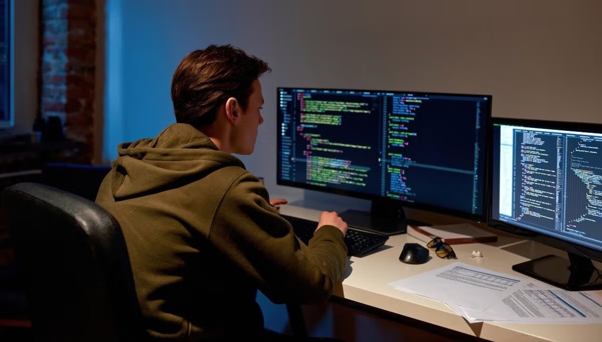 Estudiante de FP DAM practicando programación frente a dos monitores con código en pantalla