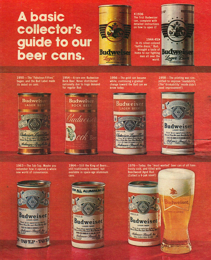 Anuncio vintage de 1976 con la historia de las latas de cerveza Budweiser