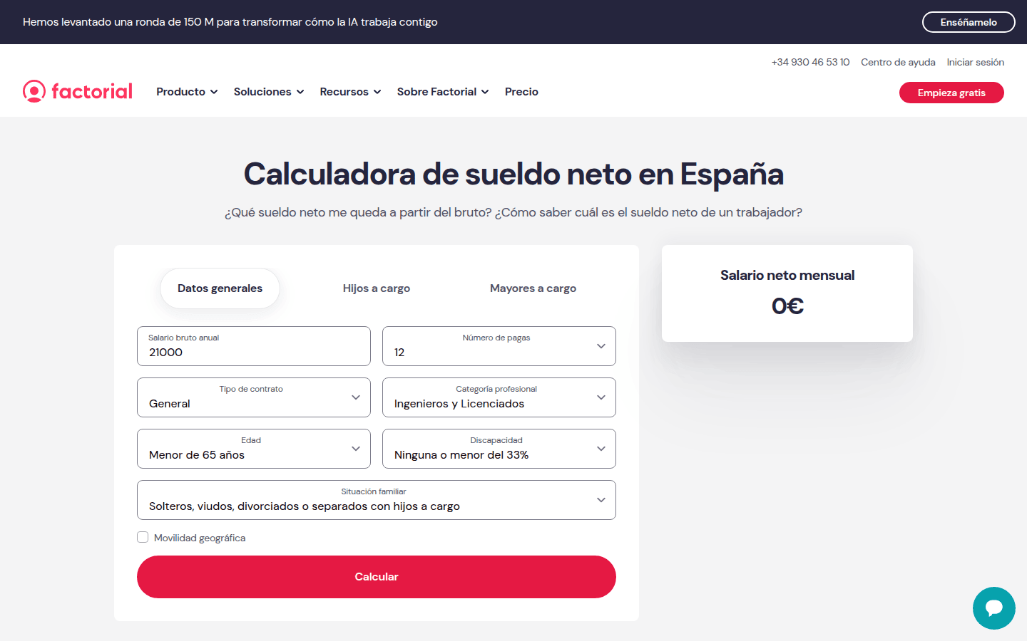 Calculadora de sou net de Factorial: formulari amb salari brut, tipus de contracte i situació familiar