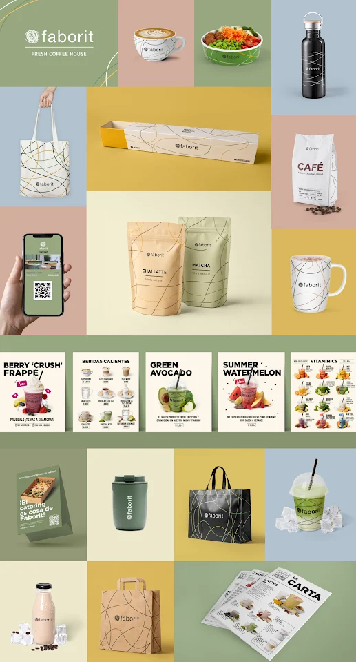 Sistema d'identitat de Faborit dissenyat per Ondho: got de cafè, packaging d'infusions, bossa de tela, ampolla, cartelleria de producte, carta i comanda mòbil