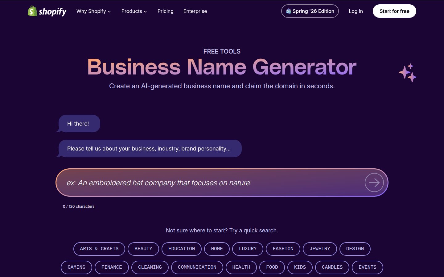 Generador de noms de negoci de Shopify: descrius el teu negoci i l'eina proposa noms amb domini disponible