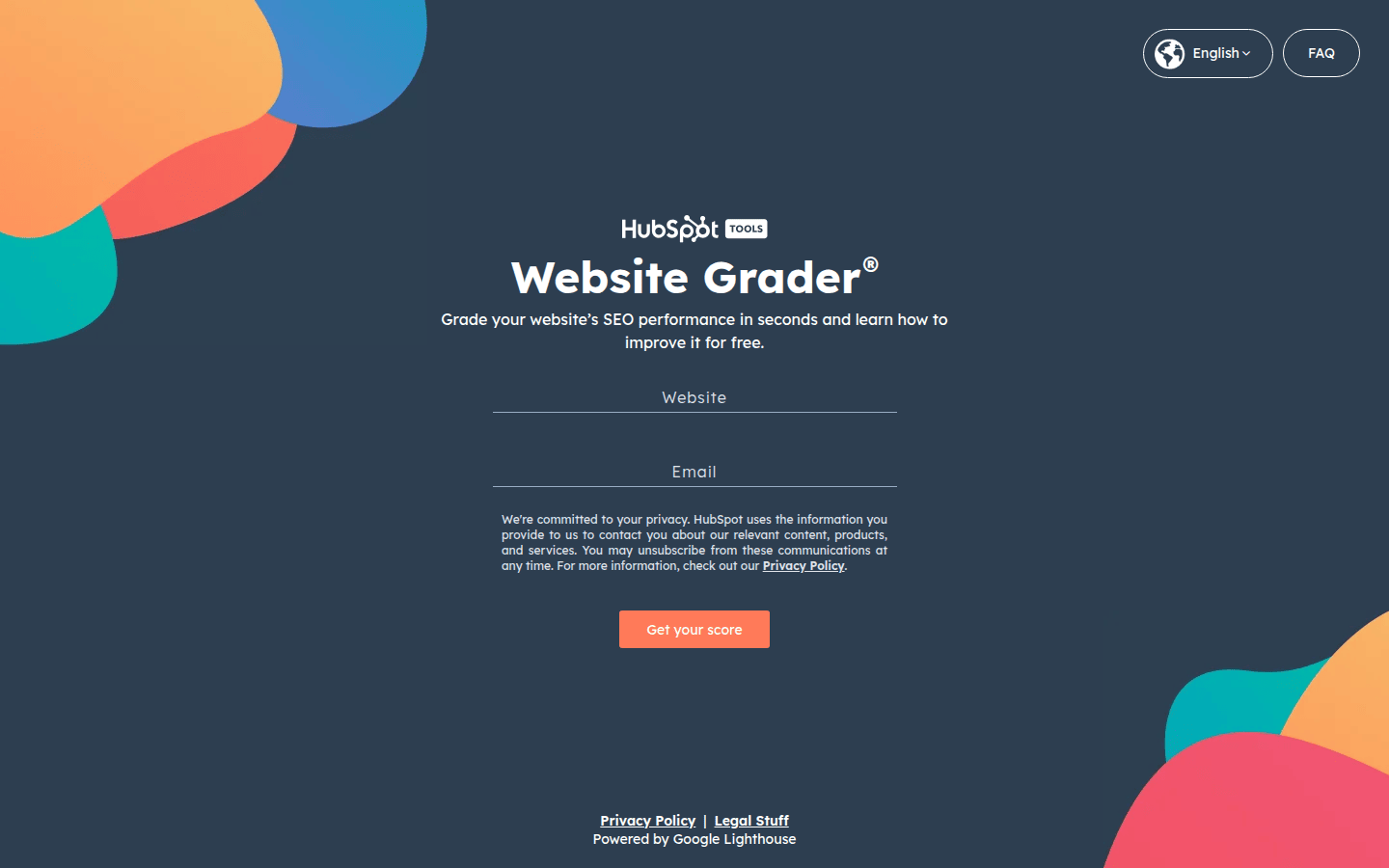 Pàgina d'inici del Website Grader de HubSpot: introdueixes el teu web i el teu email i reps un informe amb nota