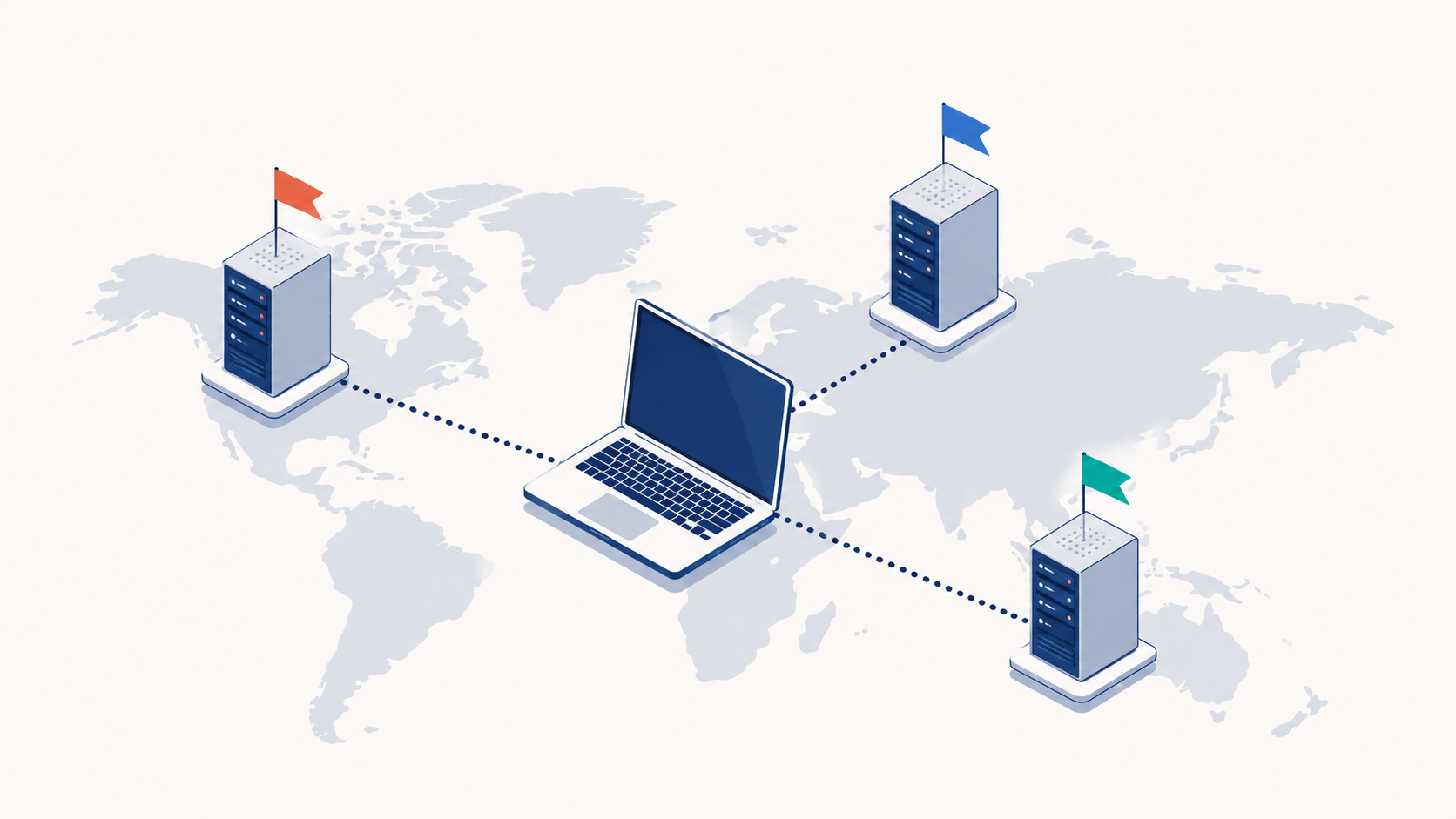Diagrama isométrico de un ordenador conectado a servidores en distintos países