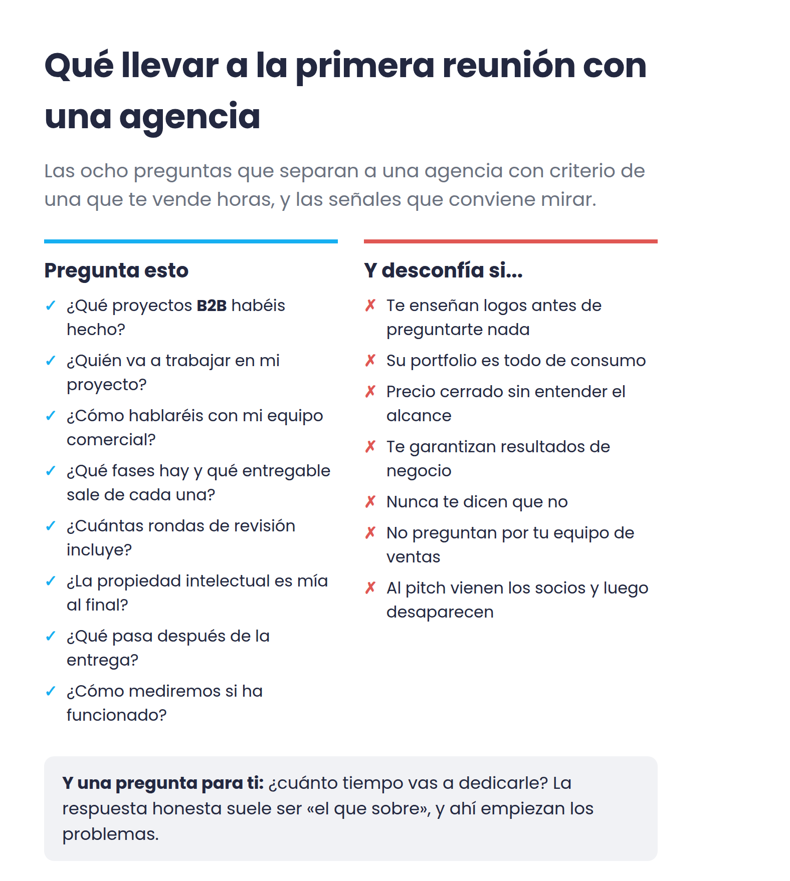 Fitxa per a la primera reunió: vuit preguntes que cal fer a l'agència i set senyals d'alarma que convé mirar