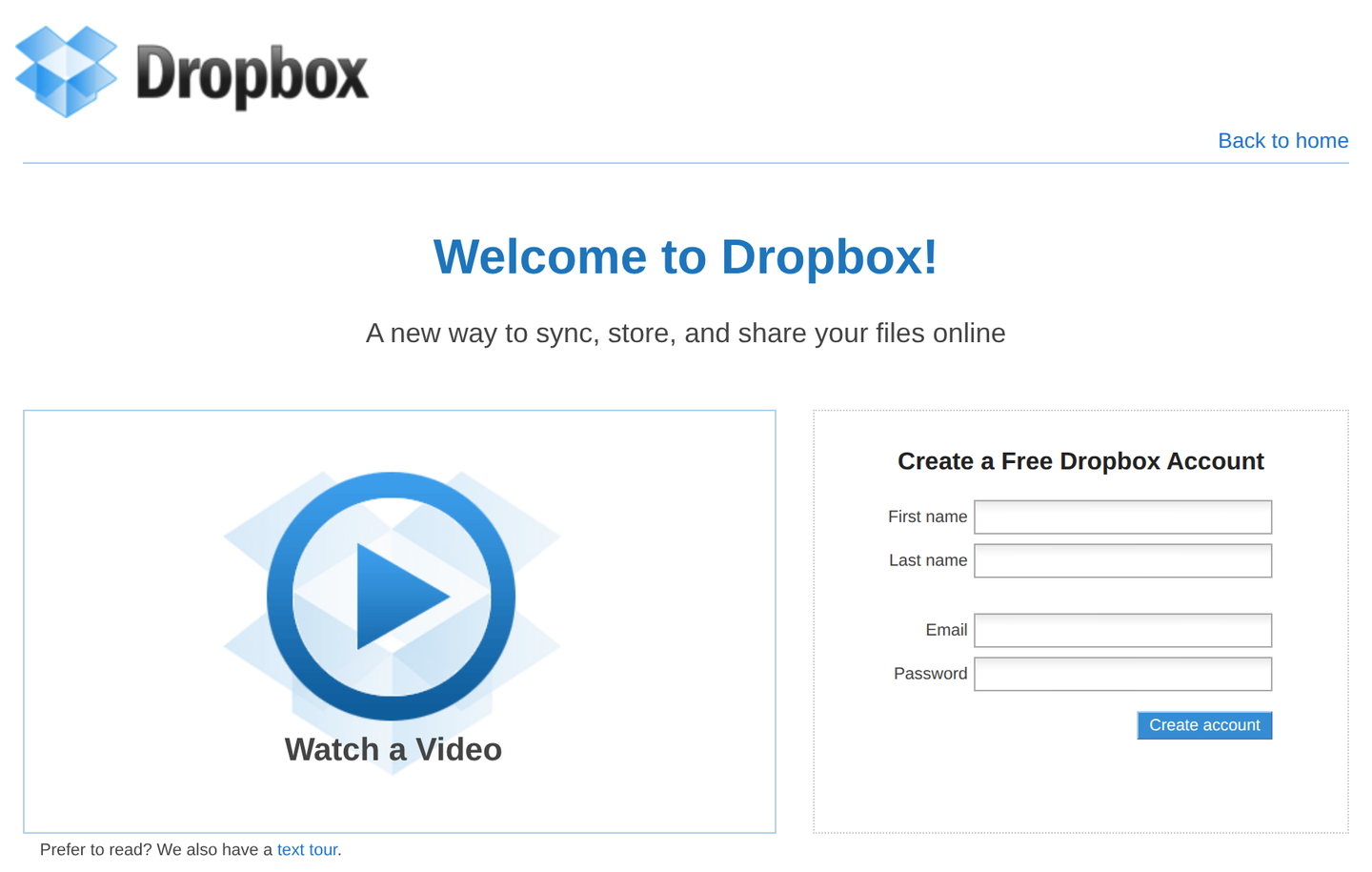 Página de Dropbox de 2011 a la que llegaba quien recibía la invitación de un amigo: «Welcome to Dropbox!», un vídeo de presentación y el formulario para crear una cuenta gratis