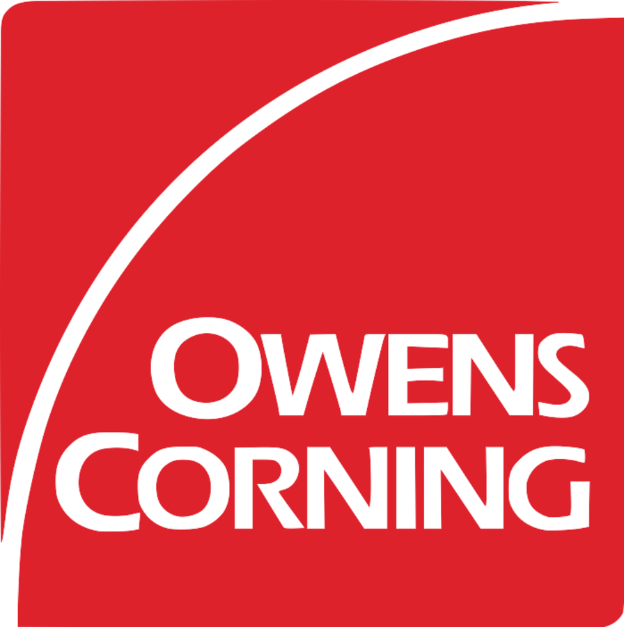 Logotip d'Owens Corning. El rosa que té registrat és el de PINK, la seva línia d'aïllament de fibra de vidre, no el color del logotip corporatiu