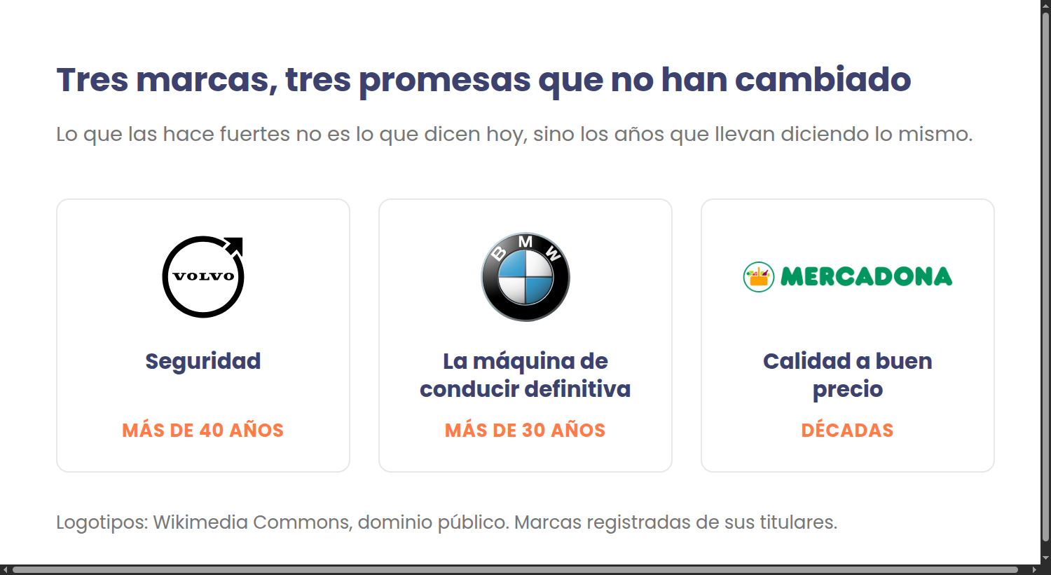 Los logotipos de Volvo, BMW y Mercadona con la promesa que cada uno lleva décadas repitiendo