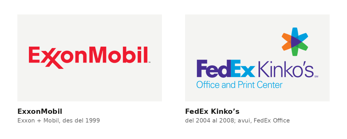 Logotips d'ExxonMobil i de FedEx Kinko’s, dues marques nascudes d'enganxar els noms de les empreses que es van fusionar