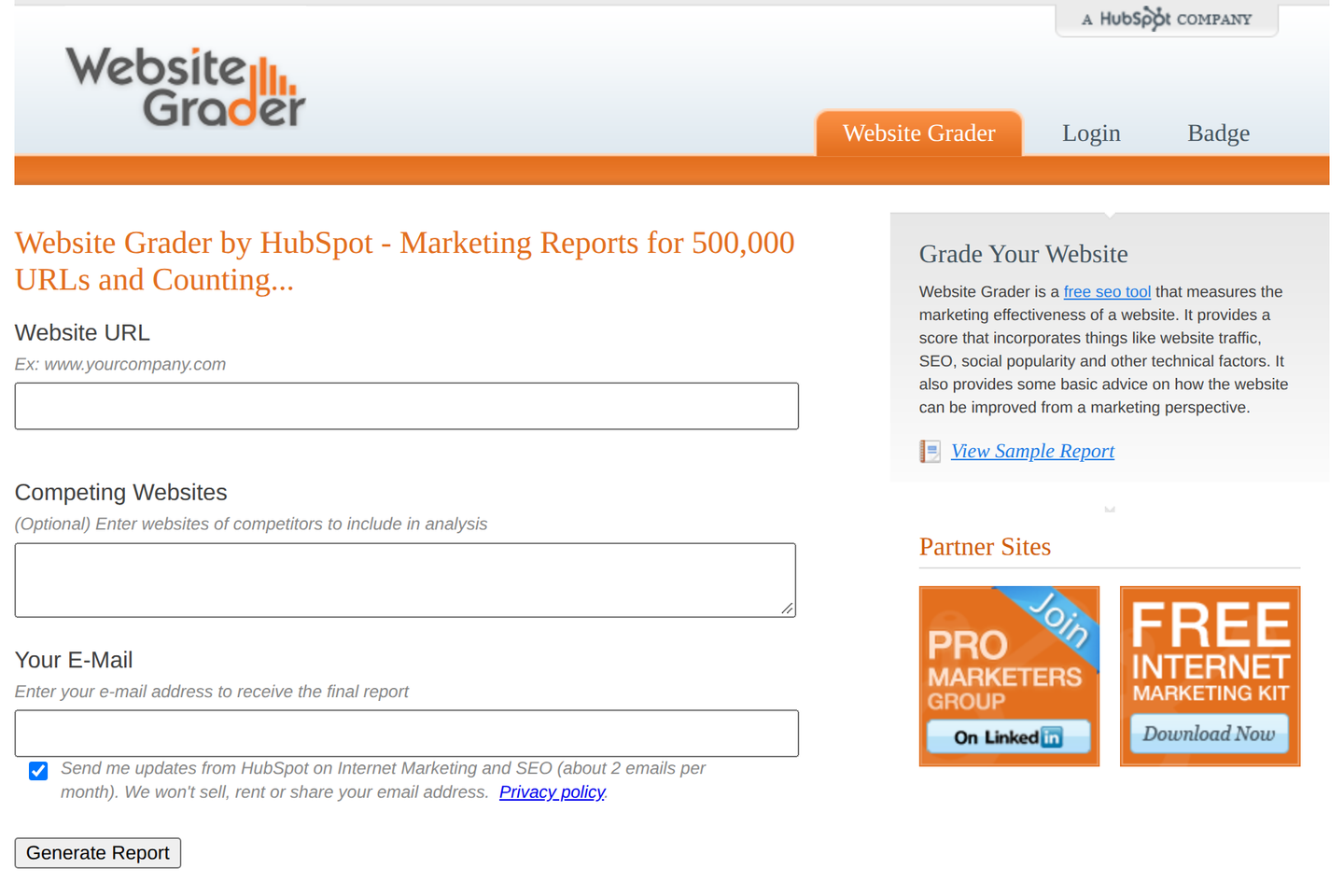 Portada del Website Grader de HubSpot en enero de 2009: pide la URL de tu web, las de tu competencia y un email, bajo el titular «Marketing Reports for 500,000 URLs and Counting»