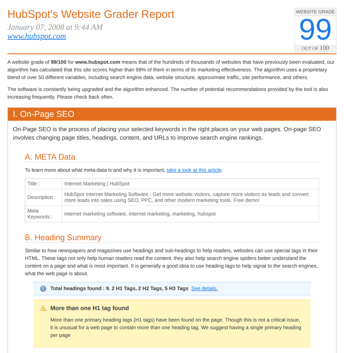 Informe del Website Grader sobre hubspot.com, de enero de 2008: nota de 99 sobre 100, título y descripción de la página y un aviso por tener más de un encabezado H1