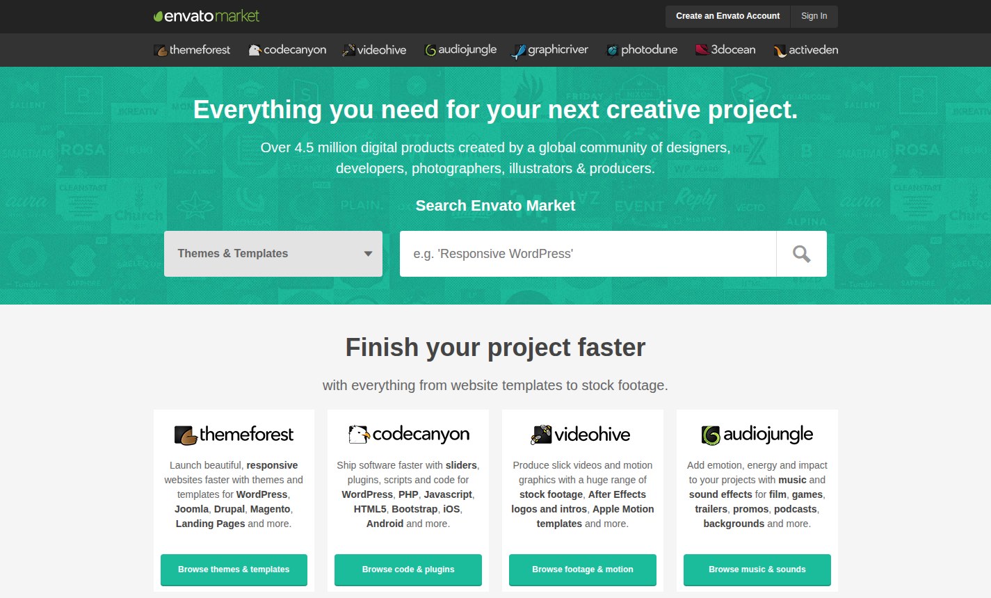 Portada d'Envato Market el 2015 amb els seus vuit sites de recursos