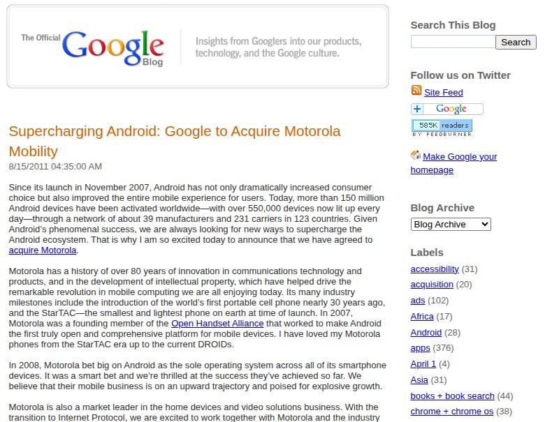 Anuncio de la compra de Motorola Mobility en el blog oficial de Google, agosto de 2011