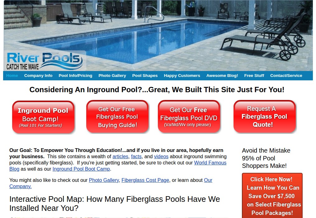 Web de River Pools and Spas en enero de 2013, con guías y precios de piscinas de fibra