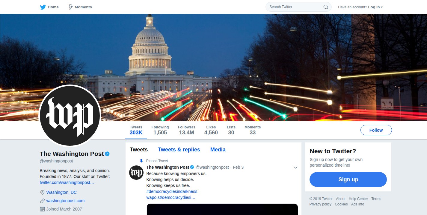 Perfil de The Washington Post en Twitter en febrero de 2019, con la cabecera del Capitolio