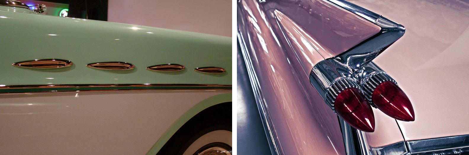 Los agujeros del guardabarros de un Buick Century de 1957 y la aleta trasera de un Cadillac Eldorado