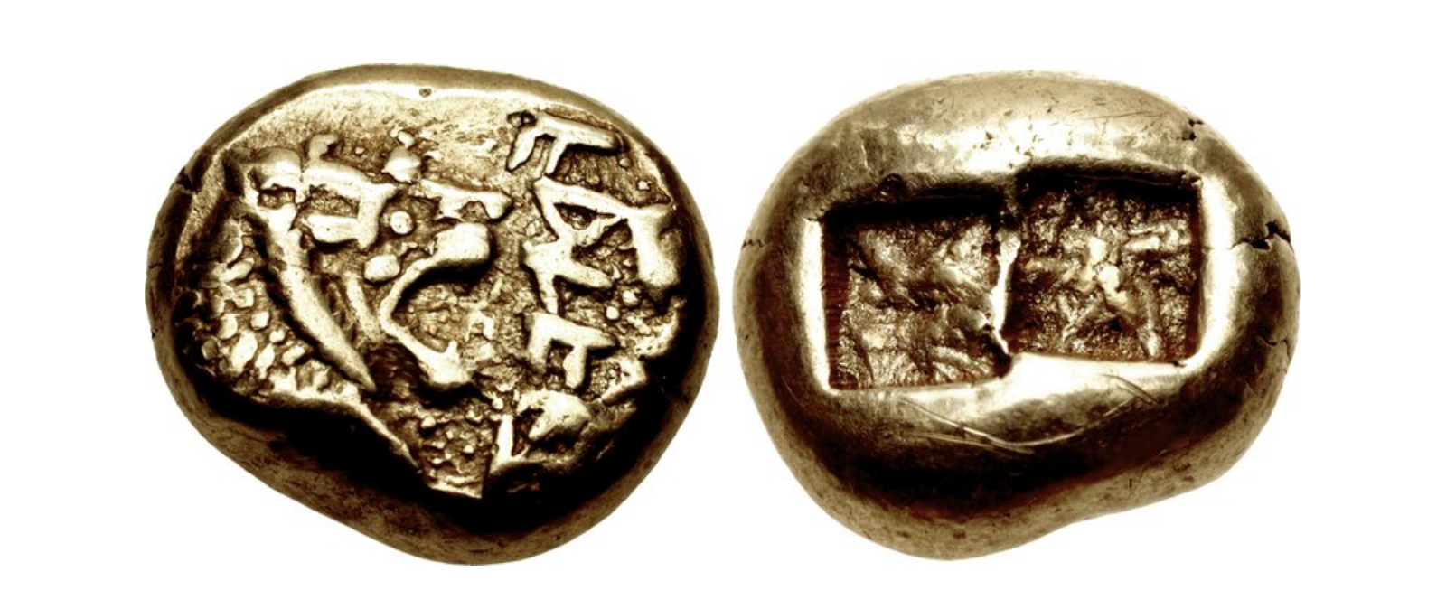 Moneda de electro de Lidia, con la cabeza de león por un lado y la marca del punzón por el otro