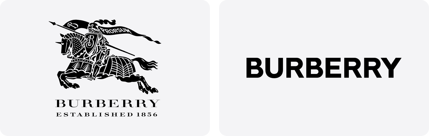 El caballero ecuestre de Burberry, en uso hasta 2018, junto al logotipo de palo seco de 2018 a 2023