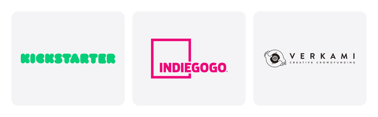 Logotipos de Kickstarter, Indiegogo y Verkami