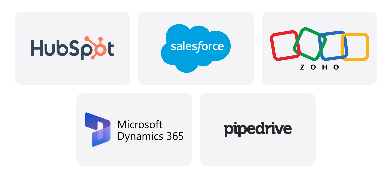 Logotipos de HubSpot, Salesforce, Zoho, Microsoft Dynamics 365 y Pipedrive