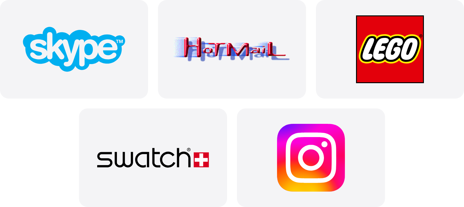 Logotipos de Skype, Hotmail, Lego, Swatch e Instagram