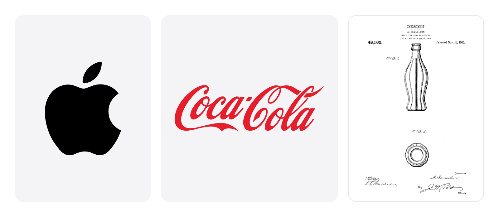 La manzana de Apple, el logotipo de Coca-Cola y el dibujo de la patente de su botella de 1915